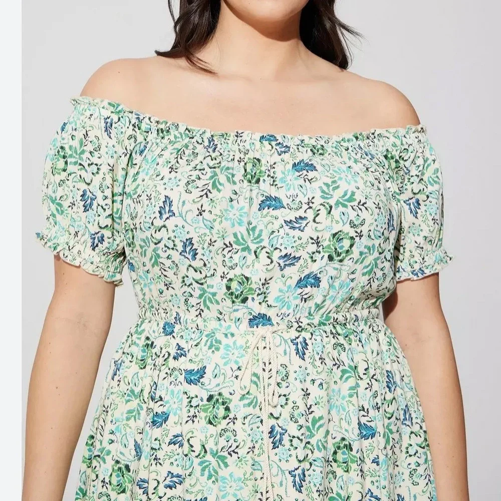 Torrid Off-Shoulder Midi Dress 3X Short Sleeves Ditzy Floral Cottagecore Peasant - Picture 3 of 14